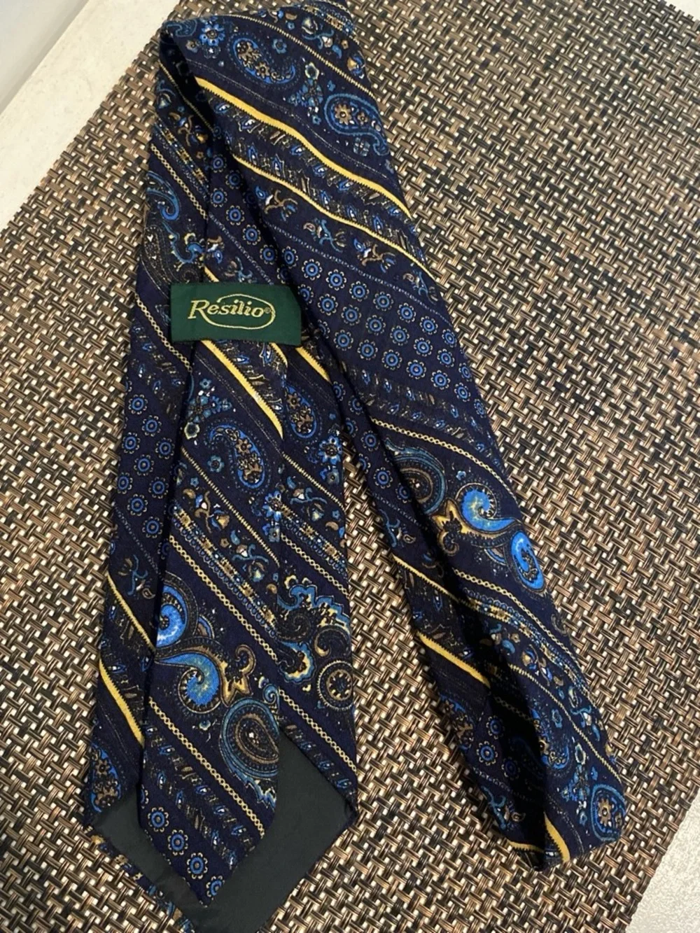 Resilio Men’s Navy Paisley Wool Tie with Blue and Gold Accents